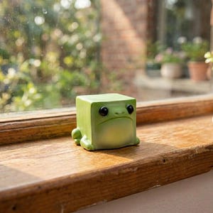 May include: A small, cube-shaped figurine of a frog with a smooth, light green finish. The frog has two large, round, black eyes positioned on the upper corners of its square head and small, rounded limbs extending from the base of its body.