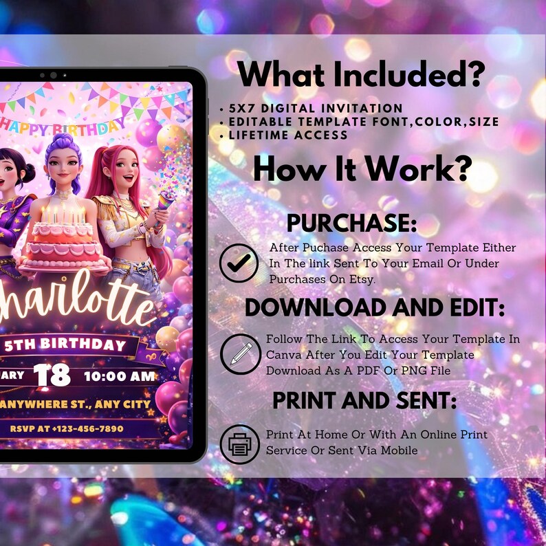 May include: Digital birthday invitation template displayed on a tablet. The invitation features cartoon characters, balloons, and the text "Charlotte 5th Birthday." Instructions on how to purchase, download, edit, and print the template are also included.
