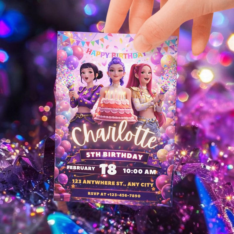 Kpop Demon Hunters Birthday Invitation Template | Editable Canva Template | Kpop Anime Invite | Digital Download | Printable Card for Kids image 2
