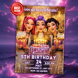 Puede incluir: Una invitación de cumpleaños con tres chicas de dibujos animados, regalos y una tarta con velas. La invitación dice "Join us to celebrate!" e incluye detalles para una fiesta de 5º cumpleaños el 24 de mayo a las 20:00.