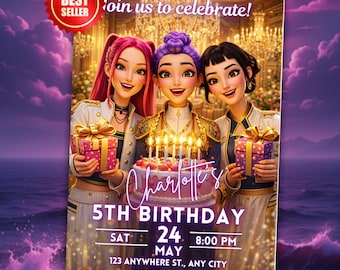 Kpop Demon Hunters Birthday Invitation, Editable Canva Template, Huntrix Invite, K-pop Invites, Digital Download, Kids Birthday Party Cards