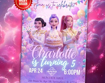 Kpop Demon Hunters Birthday Invitation, Editable Canva Template, Huntrix Invite, K-pop Invites, Digital Download, Kids Birthday Party Cards