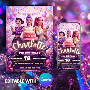 Kpop Demon Hunters Birthday Invitation Template | Editable Canva Template | Kpop Anime Invite | Digital Download | Printable Card for Kids image 3