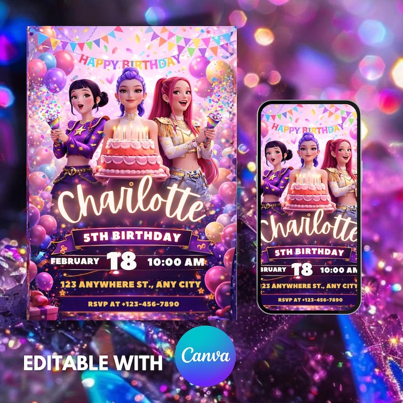Kpop Demon Hunters Birthday Invitation Template | Editable Canva Template | Kpop Anime Invite | Digital Download | Printable Card for Kids image 3