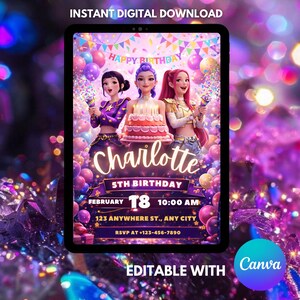 May include: Digital birthday invitation featuring three animated girls, balloons, and a cake. The invitation reads "Charlotte 5th Birthday" with event details. The text "Instant Digital Download" and "Editable with Canva" are also present.