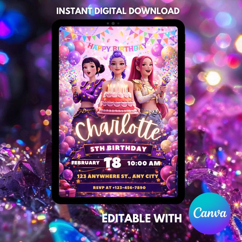 May include: Digital birthday invitation featuring three animated girls, balloons, and a cake. The invitation reads "Charlotte 5th Birthday" with event details. The text "Instant Digital Download" and "Editable with Canva" are also present.