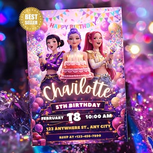 Kpop Demon Hunters Birthday Invitation Template | Editable Canva Template | Kpop Anime Invite | Digital Download | Printable Card for Kids image 1