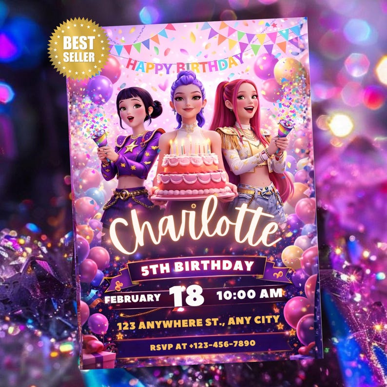 Kpop Demon Hunters Birthday Invitation Template | Editable Canva Template | Kpop Anime Invite | Digital Download | Printable Card for Kids image 1