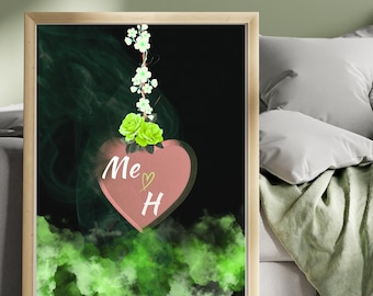 Impression initiale personnalisée de coeur, art romantique de la fumée, nom de couple personnalisé (téléchargement numérique)