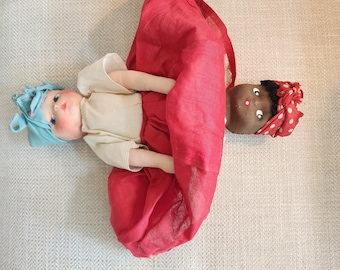 Muñeca de tela vintage hecha a mano con doble cara, estilo arte popular – Muñeca reversible/de dos caras