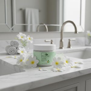 May include: A white jar with a light green label sits on a marble countertop, surrounded by white flowers. The jar has the text "MOYANO" and "Chantilly de douche" on the label. Rolled white towels and a vase of flowers are in the background.