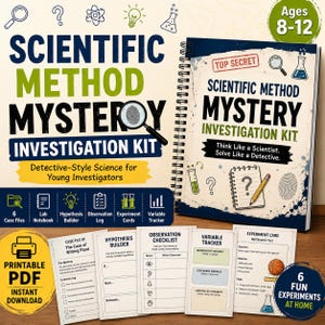 May include: A science-themed investigation kit for ages 8-12, featuring a spiral-bound notebook and experiment cards. The kit includes the text "Scientific Method Mystery Investigation Kit" and "Detective-Style Science for Young Investigators."