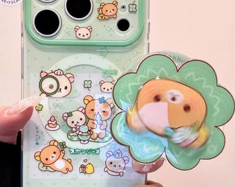 Rilakkuma Green MAGSAFE Case with Clover Grip & Beaded Charm, Kawaii Y2K Clear Cover iPhone 17 16 15 14 13 Pro Max, Coquette Gift Set Cute!!