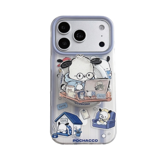 Pochacco Grip MAGSAFE Clear Lavender Bumper Cover for iPhone 18 17 16 15 Pro Max Kawaii POCHACCO PLAN 1 2 3, Pop Socket, laptop, doghouse