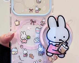 Kawaii Bunny MAGSAFE Case with Boba Bunny Grip & Beaded Charm, Pink Clear Cover iPhone 17 16 15 14 13 Pro Max, Y2K Coquette Gift, Cute Bunny