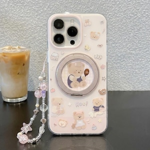 Björn som håller sked Kawaii genomskinligt rosa MAGSAFE ringstativskal till iPhone 18 17 16 15 Pro Max