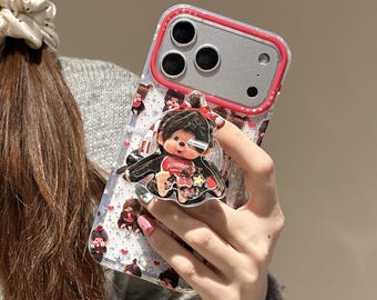 Cute Monchhichi MAGSAFE Case with 3D Character Grip, Kawaii Red Clear Cover iPhone 17 16 15 14 13 Pro Max, Y2K Coquette Retro Monkey Gift