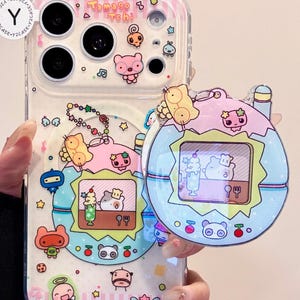 Kawaii Tamagotchi MAGSAFE Case with Virtual Pet Grip & Beaded Charm, Y2K Retro Pastel Clear Cover iPhone 17 16 15 14 13 Pro Max, Cute Gift