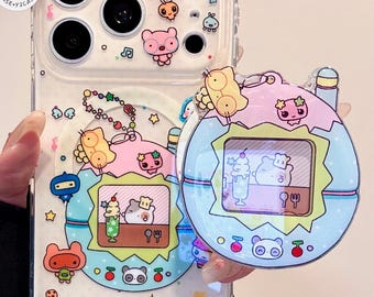 Kawaii Tamagotchi MAGSAFE Case with Virtual Pet Grip & Beaded Charm, Y2K Retro Pastel Clear Cover iPhone 17 16 15 14 13 Pro Max, Cute Gift