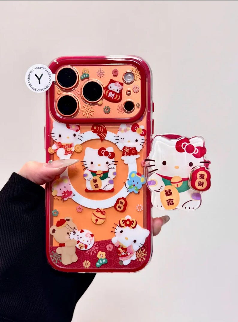 Lucky Maneki Neko Hello Kitty Phone Case with 3D Shaker Grip & Red Bead Charm, Lunar New Year Gift for iPhone 17 16 15 14 13 Pro Max Cover image 3