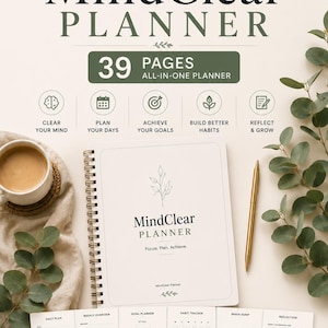 Könnte beinhalten: Ein spiralgebundener MindClear-Planer mit weißem Einband und einer botanischen Strichzeichnung. Das Set enthält 39 Seiten mit Abschnitten für Tagespläne, Wochenübersichten, Zielverfolgung, Gewohnheitstracker, Brain-Dump-Bereiche und Reflexionen.