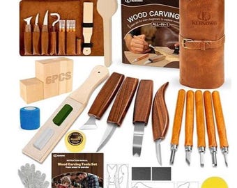 Kit de sculpture sur bois de 32 pièces : outils de taille, gabarits, blocs de tilleul, sac de rangement