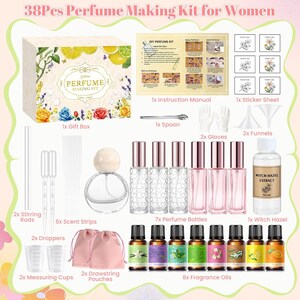 May include: A 38-piece perfume making kit including a gift box, instruction manual, sticker sheet, spoon, gloves, funnels, stirring rods, scent strips, droppers, measuring cups, pouches, seven perfume bottles, witch hazel, and eight fragrance oils.