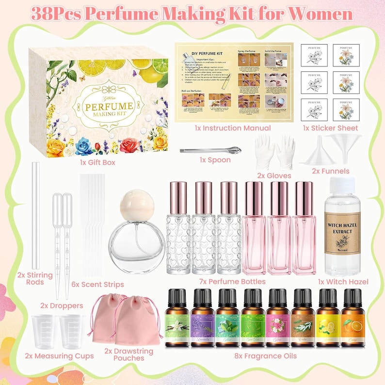 May include: A 38-piece perfume making kit including a gift box, instruction manual, sticker sheet, spoon, gloves, funnels, stirring rods, scent strips, droppers, measuring cups, pouches, seven perfume bottles, witch hazel, and eight fragrance oils.