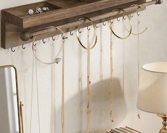 Étagère à bijoux murale marron rustique avec crochets pour colliers, boucles d'oreilles