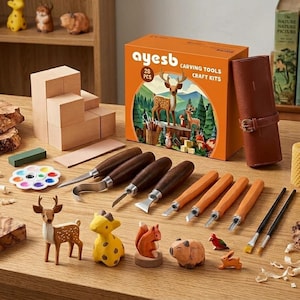 May include: A carving tools craft kit with 28 pieces, including various wood carving tools, a leather tool roll, and small wooden animal figurines. The kit includes a box with a deer illustration and a candle.