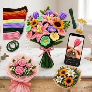 May include: A collection of colorful pipe cleaner flowers, including bouquets of roses, lilies, and sunflowers. The image also shows pipe cleaners, floral tape, and a smartphone displaying a tutorial for making a pipe cleaner tulip.
