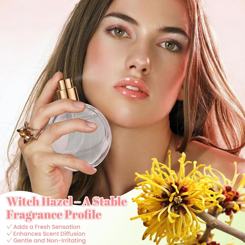 May include: A clear, round glass perfume bottle with a gold spray nozzle held in a hand. The text reads: Witch Hazel - A Stable Fragrance Profile. Adds a Fresh Sensation, Enhances Scent Diffusion, Gentle and Non-Irritating. Yellow witch hazel flowers.