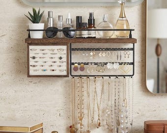 Organiseur de bijoux mural : étagère en bois rustique pour collier, boucles d'oreilles, rangement pour bracelet