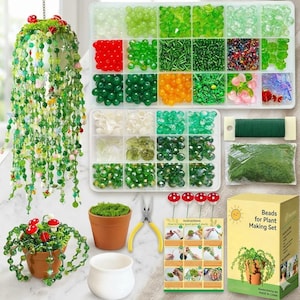 Pode incluir: Um kit de artesanato para criar plantas suspensas de contas, incluindo dois organizadores de plástico com contas verdes, vermelhas e transparentes, fio verde, musgo, dois vasos cor de terracota, alicate e uma folha de instruções.