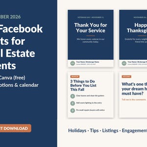 以下が含まれることがあります： 2026年11月向けの不動産業者用Facebook投稿30件を含むデジタルマーケティングテンプレートセット。ダークブルーとクリーム色の背景に、祝日、ヒント、エンゲージメント用のテキストオーバーレイが配置されており、Canvaで編集可能です。