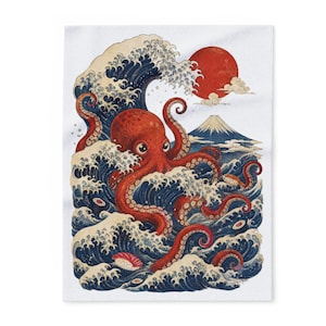 Japanse octopusgolfdeken | Ukiyo-e fleeceplaid | Op Hokusai geïnspireerde sushi-kunst | Gezellige deken van 30x40 cm | Japans cadeau EdoMashupCo
