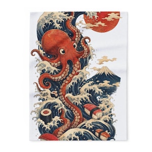 Ukiyo-e Octopus & Sushi Wave Blanket | Japanese Fleece Throw | Hokusai Art | 30x40 Cozy Gift | EdoMashupCo