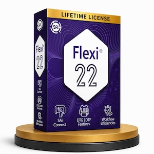 May include: A rectangular software box for Flexi 22 with a purple background featuring a white hexagonal center. The box displays the text LIFETIME LICENSE, Flexi 22, SAi Connect, DTG | DTF Features, and Workflow Efficiencies with various icons.