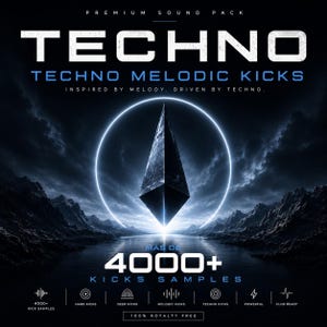 Könnte beinhalten: Werbegrafik für ein Premium-Soundpaket mit der Bezeichnung "TECHNO". Das Design zeigt eine dunkle, futuristische Landschaft mit einem leuchtenden kreisförmigen Rahmen um eine dunkle, geometrische Form. Der Text enthält "TECHNO MELODIC KICKS" und "4000+ KICKS SAMPLES."