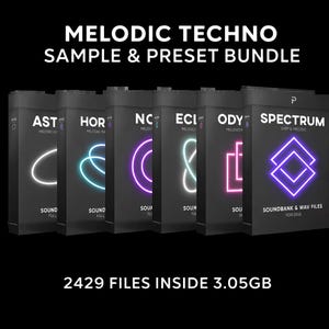 May include: Six black boxes with neon geometric designs, labelled "MELODIC TECHNO SAMPLE & PRESET BUNDLE." Each box features a different neon colour, including white, teal, purple, and pink. The text "2429 FILES INSIDE 3.05GB" is displayed at the bottom.