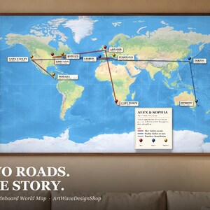 Custom Pinboard World Map | Personalized Couples Anniversary Gift | Our Story Push Pin Map with String | Where We Met Map