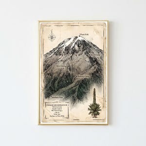 Puede incluir: Un mapa enmarcado de estilo vintage de una expedición al Kilimanjaro con una ilustración detallada de la montaña, campamentos marcados, una rosa de los vientos y el texto Kilimanjaro Expedition, Machame Route, Shira Camp, Barranco Camp y Uhuru Peak.