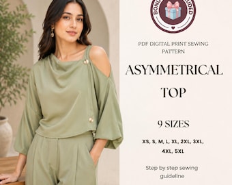 Damestopje naaien pdf-patroon: naaipatroon blouse, zelfstudie asymmetrische top, naaipatroon modetopje