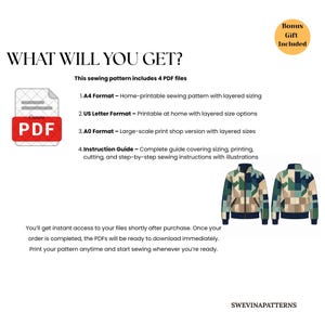 Op de afbeelding: Een digitaal naaipatroon met de titel WHAT WILL YOU GET? bestaande uit vier PDF-bestanden: A4, US Letter, A0-formaten en een instructiegids. Bevat een afbeelding van een bomberjack met geometrisch patroon en een Bonus Gift Included badge.