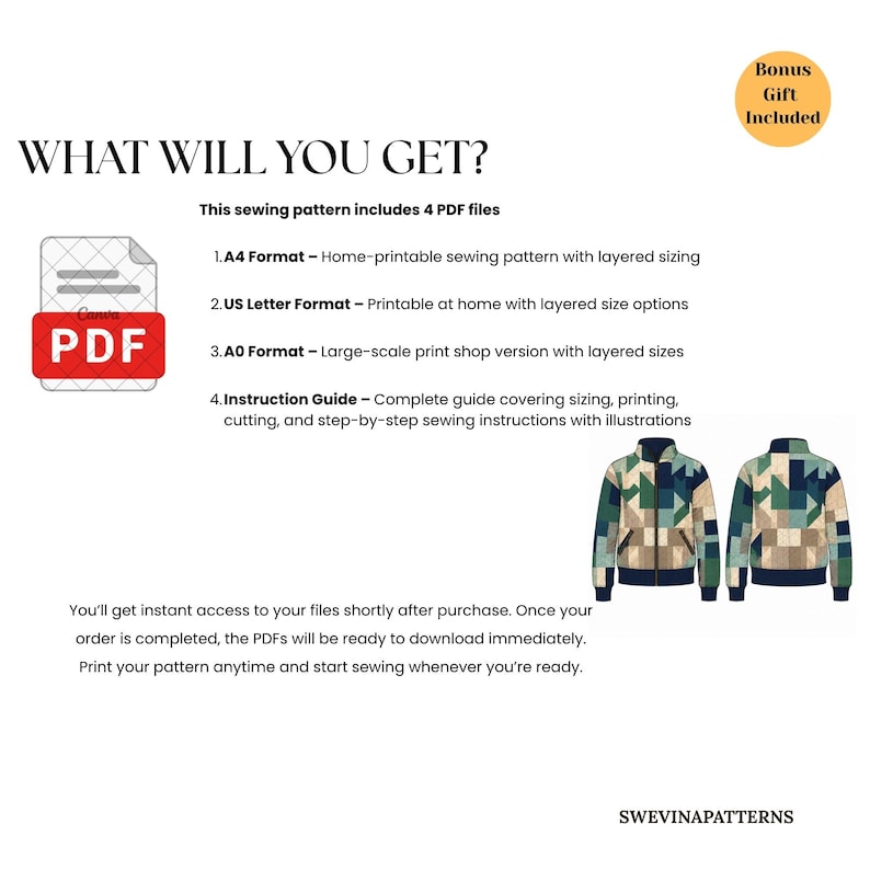 Op de afbeelding: Een digitaal naaipatroon met de titel WHAT WILL YOU GET? bestaande uit vier PDF-bestanden: A4, US Letter, A0-formaten en een instructiegids. Bevat een afbeelding van een bomberjack met geometrisch patroon en een Bonus Gift Included badge.
