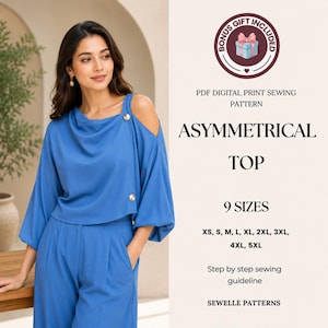 Könnte beinhalten: Eine Frau trägt ein blaues, asymmetrisches Oberteil mit goldenen Knöpfen und eine passende Hose. Das Bild enthält den Text "ASYMMETRICAL TOP" und "9 GRÖSSEN" mit Größenoptionen. Ein Bonusgeschenk ist im PDF-Digitaldruck-Schnittmuster enthalten.