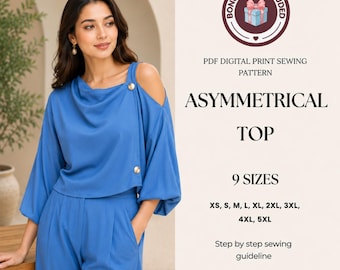 PDF naaipatroon asymmetrische bovenkant, patroon blouse cold-shoulder, zelfstudie gedrapeerde bovenkant, digitale download