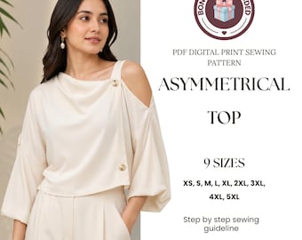 PDF-patroon naaien asymmetrisch topje: naaipatroon blouse, zelfstudie topje dames, naaipatroon fashion top