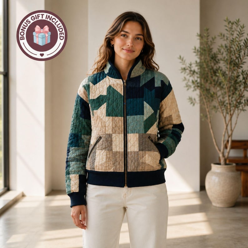 Op de afbeelding: Een gewatteerd jack met rits en een geometrisch patchworkpatroon in tinten blauwgroen, marineblauw en beige. Het jack heeft een hoge kraag, lange mouwen met geribbelde boorden en twee zakken. Een ronde badge vermeldt BONUS GIFT INCLUDED.