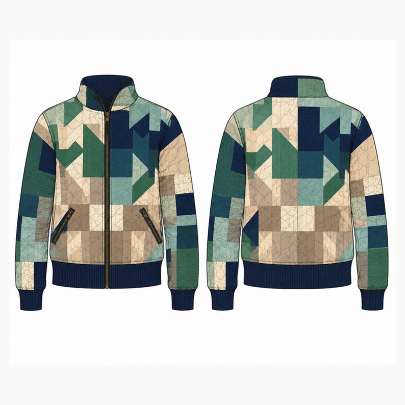 Op de afbeelding: Een jack met ritssluiting en een geometrisch patchworkpatroon in marineblauw, bosgroen en beige. Het kledingstuk heeft een hoge kraag, lange mouwen, geribbelde boorden en zoom, en twee voorzakken met donkere ritsen en metalen trekkers.